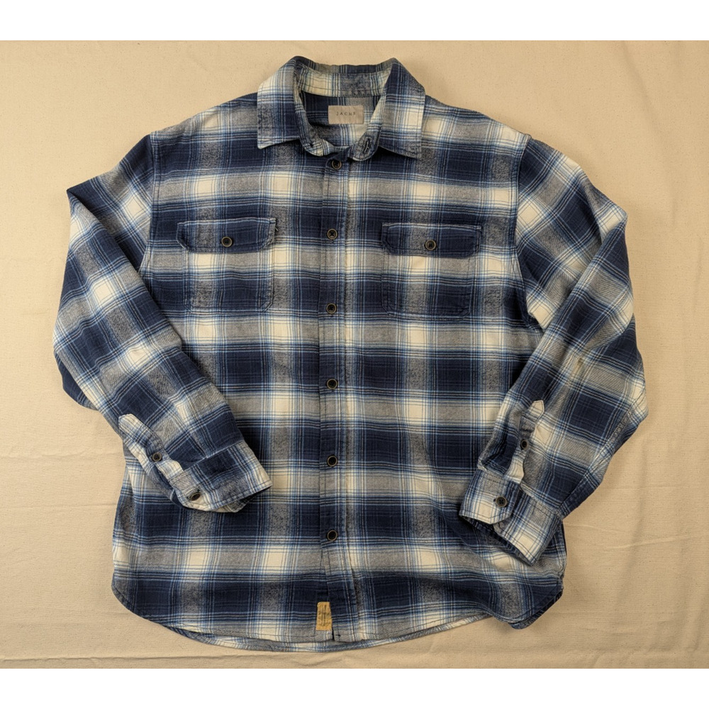 Jachs Flannel Shirt Mens XL Blue Plaid 100% Cotton Heavyweight Rugged Outdoor